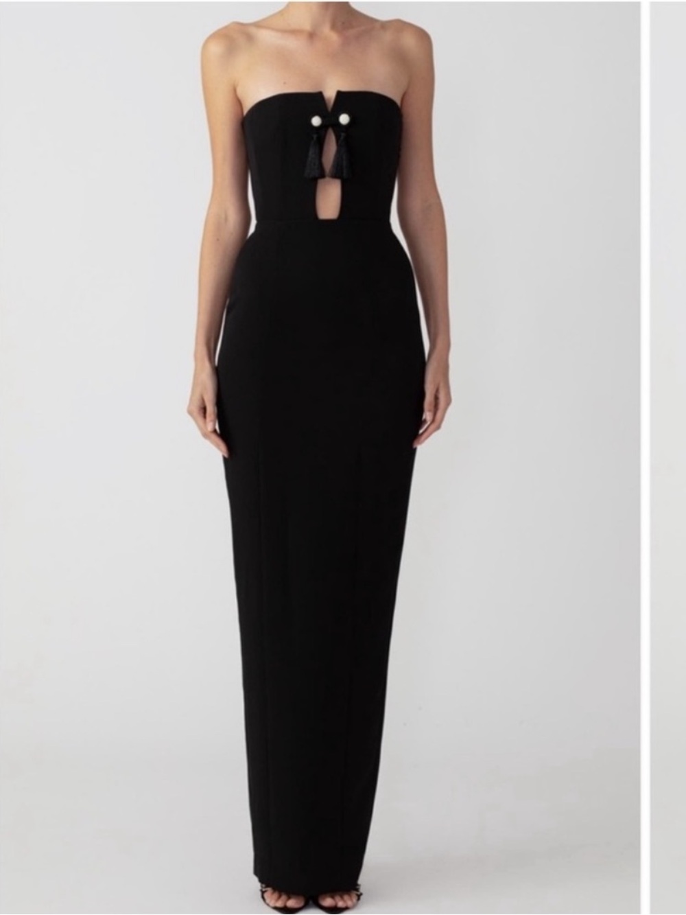 SAU LEE Imani Gown in Black Tassel Maxi Dress strapless Size 14